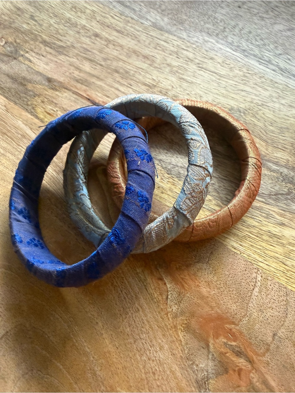 Handmade Silk-Wrapped Bangle Bracelet Set in Blue & Gold